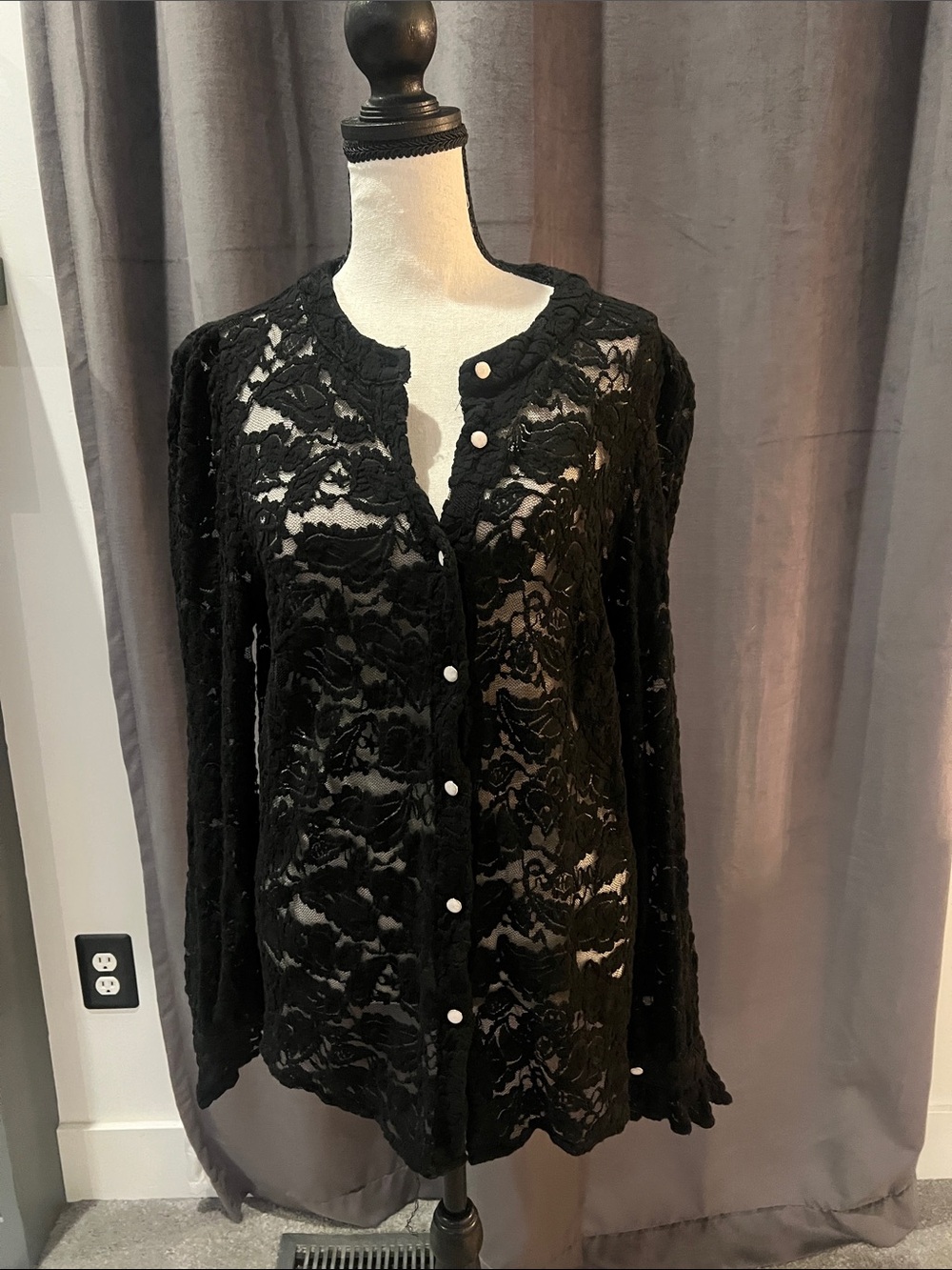 Black Lace Button-Front Women’s Shirt with Pearl Buttons